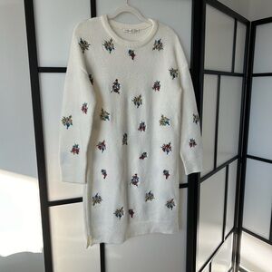 [L] Moussy Floral Embroidered Long Sleeve White Midi-Maxi Sweater Dress Women’s